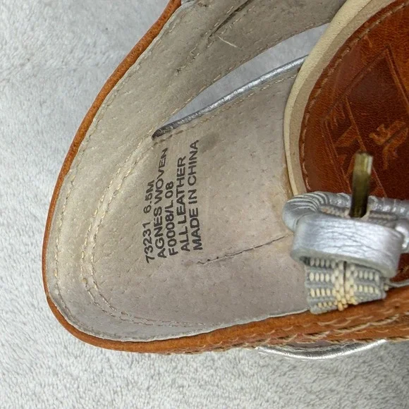 FRYE Agnes Woven Leather Silver Brown Peep Toe Heel Sandals Sz 6.5M MSRP $198 - Picture 4 of 10